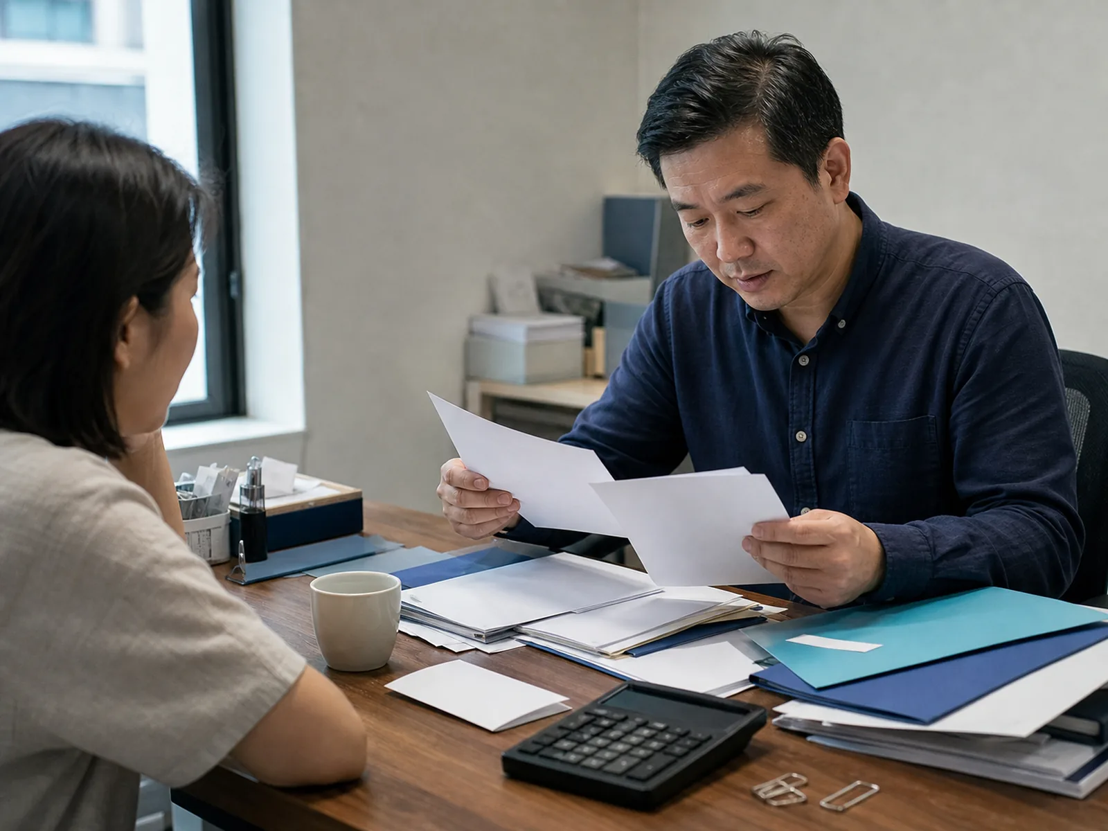 企業負責人與會計顧問整理交易單據及帳目資料